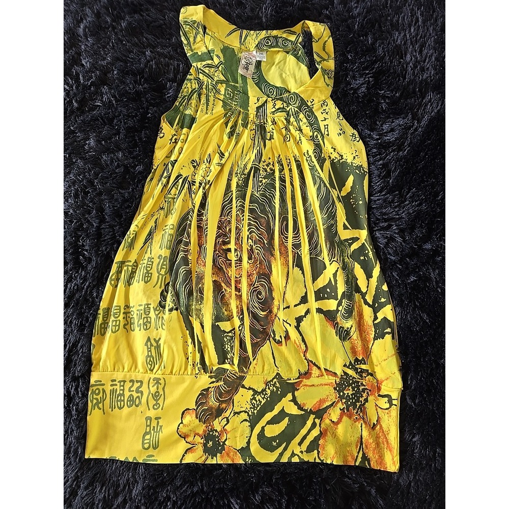 L8ter Women's Size Medium Chartreuse Floral Pleated Sleeveless Pullover Tank Top
